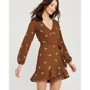 Abercrombie & Fitch Brown Floral Ruffle Hem Wrap Dress